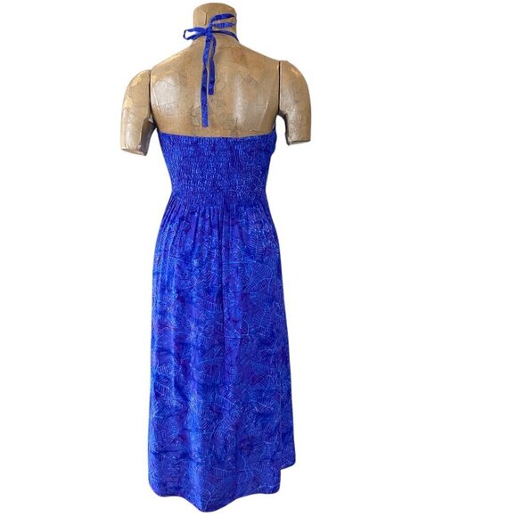Hula Hula Hawaii Halter Dress One Size Blue & Purple Batik Floral #340D - Picture 5 of 8